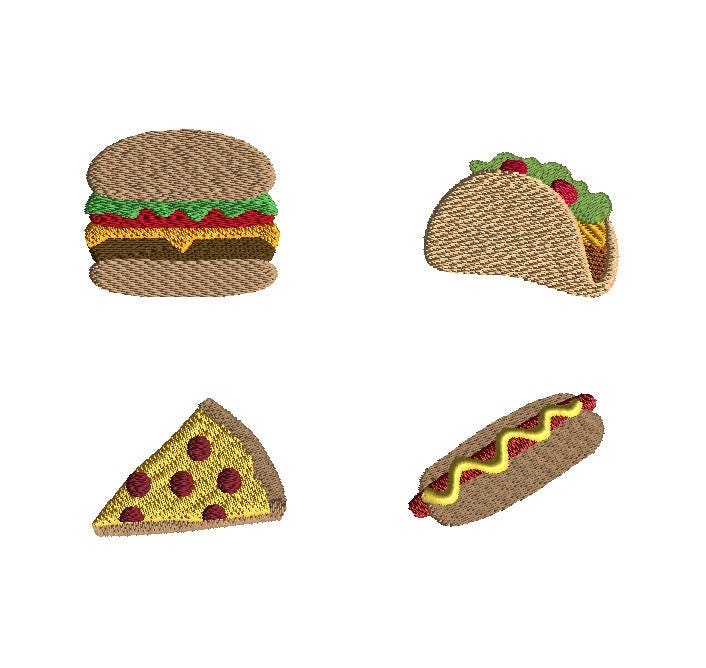 Mini Fast Food (hamburger, hot dog, pizza, taco) Machine Embroidery Design Set-INSTANT DOWNLOAD