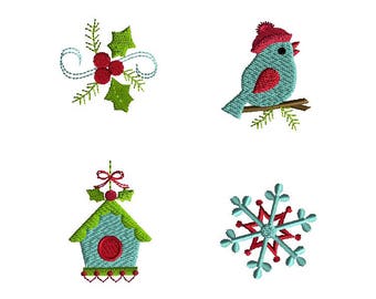 May include: Four embroidered Christmas designs on a white background. Includes a holly sprig, a bird wearing a red hat, a birdhouse, and a snowflake. The designs feature red, green, and blue colours.