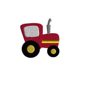 May include: A red toy tractor with black wheels and a yellow stripe. The tractor has a gray exhaust pipe.