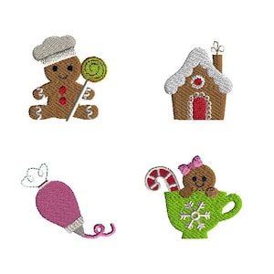 May include: Four embroidered designs featuring gingerbread people, a gingerbread house, a piping bag, and a gingerbread person in a green teacup. The designs are perfect for holiday crafts and decorations.