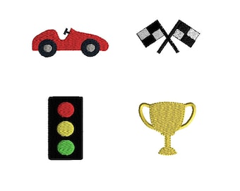 May include: Four embroidered patches featuring a red race car, a checkered flag, a traffic light, and a gold trophy.