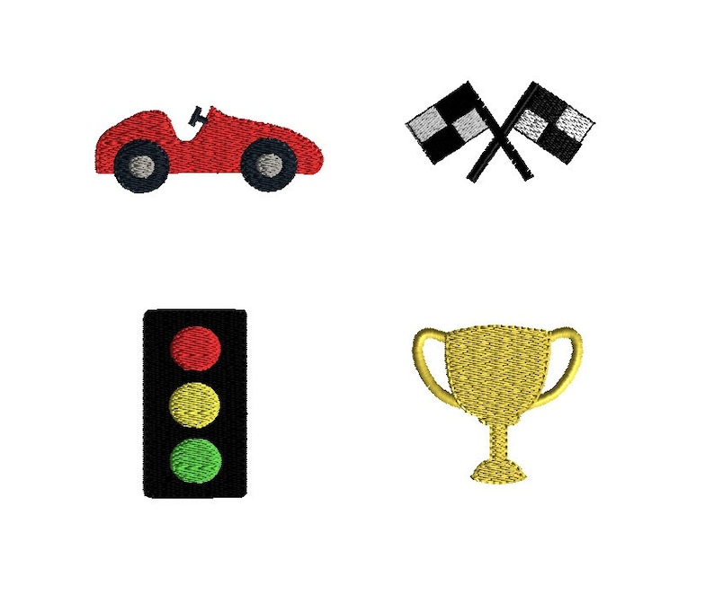 Pu&ograve; includere: Quattro toppe ricamate che raffigurano un'auto da corsa rossa, una bandiera a scacchi, un semaforo e un trofeo dorato.