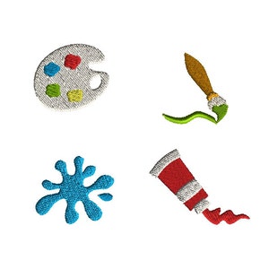 May include: A set of four embroidered art supplies, including a paint palette, paintbrush, paint tube, and a blue paint splatter. The palette has a white background with red, green, and blue paint wells. The paintbrush has a brown handle and a green brush head. The paint tube is red with white stripes and a red paint splatter coming out of the tube. The paint splatter is blue and has a starburst shape.