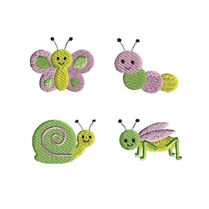 May include: Four embroidered iron-on patches featuring a butterfly, caterpillar, snail, and grasshopper. The insects are all green and yellow with pink accents and smiling faces.