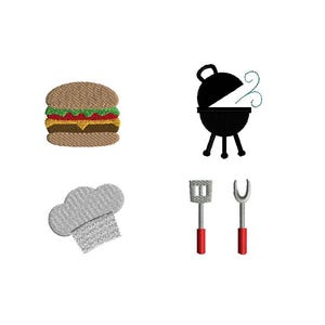 Op de afbeelding: Een set van vier geborduurde patches met een bruine hamburger met groene en rode lagen, een zwarte houtskoolgrill met blauwe rook, een grijze koksmuts en een zilveren spatel en vorkset met rode handvatten in een rasterpatroon.