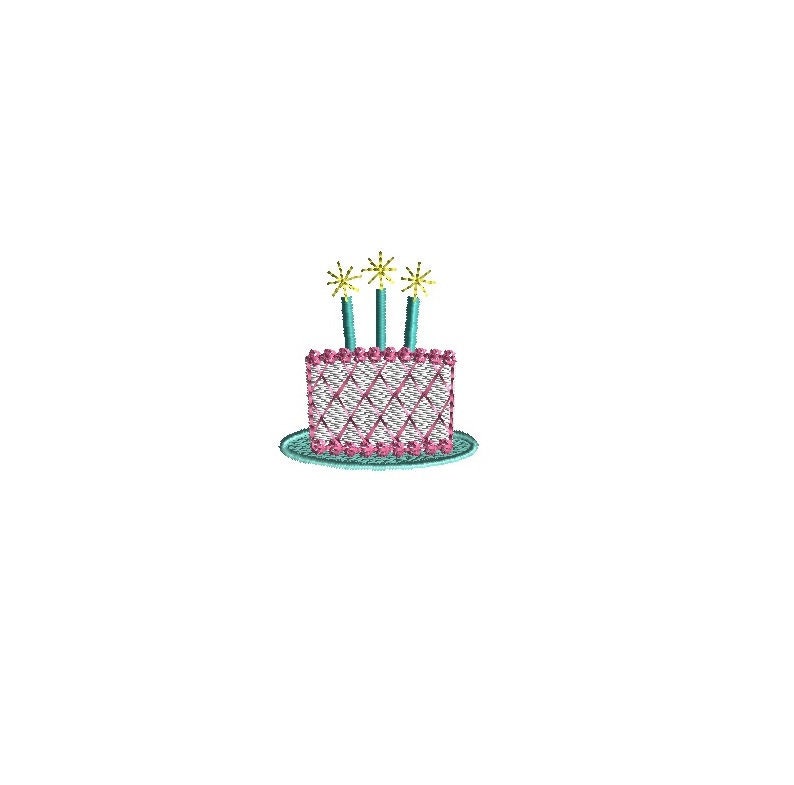May include: A pink and white cake with three blue candles and yellow flames on top. The cake is on a blue plate.