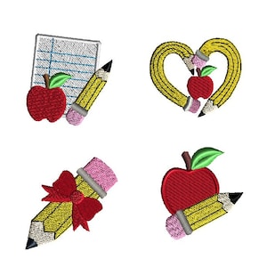 May include: Four embroidered iron-on patches featuring school-themed designs. The designs include a red apple and yellow pencil, a red apple with two yellow pencils forming a heart shape, a yellow pencil with a red bow, and a red apple with a yellow pencil.