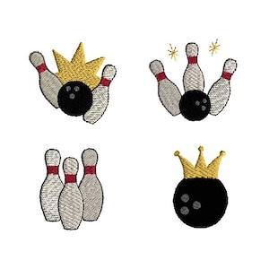 May include: Four different embroidered designs featuring bowling pins and a bowling ball. One design shows a bowling ball with a crown on top, another shows a bowling ball with three pins knocked down, and the other two designs show a bowling ball with three pins standing upright.