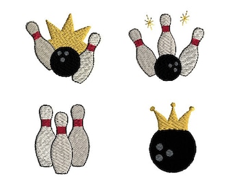 May include: Four different embroidered designs featuring bowling pins and a bowling ball. One design shows a bowling ball with a crown on top, another shows a bowling ball with three pins knocked down, and the other two designs show a bowling ball with three pins standing upright.