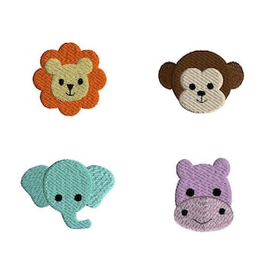 Peut inclure: Quatre visages d'animaux brodés : un lion à la fourrure orange, un singe à la fourrure brune, un éléphant à la fourrure bleu clair et un hippopotame à la fourrure violette.