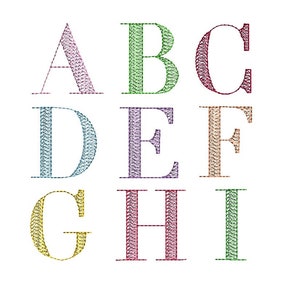 Puede incluir: Nueve letras may&uacute;sculas de colores del alfabeto, de la A a la I, se muestran sobre un fondo blanco. Cada letra es de un color diferente, incluyendo rosa, verde, rojo, turquesa, morado, beige, amarillo, burdeos y verde. Las letras tienen un dise&ntilde;o texturizado y estampado.