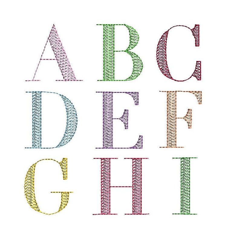 Puede incluir: Nueve letras may&uacute;sculas de colores del alfabeto, de la A a la I, se muestran sobre un fondo blanco. Cada letra es de un color diferente, incluyendo rosa, verde, rojo, turquesa, morado, beige, amarillo, burdeos y verde. Las letras tienen un dise&ntilde;o texturizado y estampado.