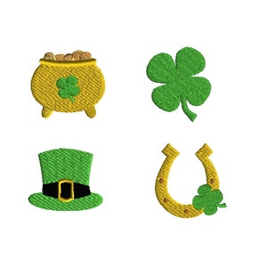May include: Four embroidered patches with a St. Patrick's Day theme. The patches are a pot of gold, a shamrock, a leprechaun hat, and a horseshoe with a shamrock.