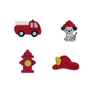May include: A set of four embroidered patches featuring a red fire truck with a white ladder, a white and black puppy wearing a red helmet, a red fire hydrant with a yellow center, and a red firefighter helmet with a yellow accent detail.
