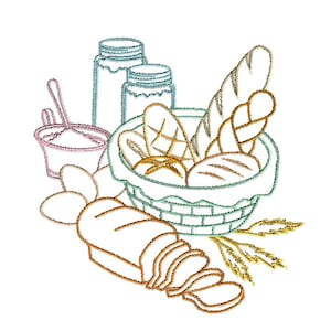 Op de afbeelding: Een mand gevuld met verschillende broden, waaronder een baguette, een brood en een gevlochten brood. Er zijn ook twee potten, een kom boter en tarwehalmen.