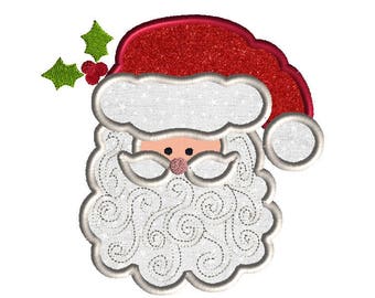 May include: An embroidered applique of Santa Claus featuring a red glittery hat with a white trim and pom-pom, a white curly beard with swirling stitch details, a peach-colored face, and a small sprig of green holly leaves with red berries.