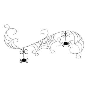 May include: A black machine embroidery design featuring a decorative spider web border with swirling lines and two small spiders hanging from thin threads, each topped with a small bow detail, rendered in a simple stitch outline style.