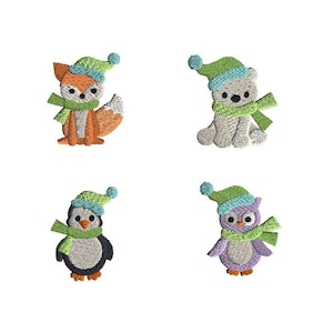 May include: Four embroidered patches featuring winter animals: a fox, a polar bear, a penguin, and an owl. Each animal wears a green scarf and a green and blue hat. The fox is orange, the bear is gray, the penguin is black and white, and the owl is purple.