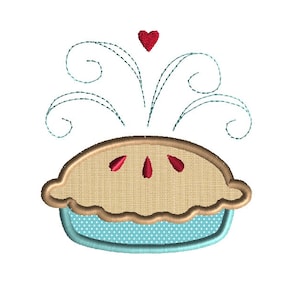 May include: A brown pie with a blue and white polka dot crust and three red cherries on top. A red heart with a swirl of blue lines coming out of the top.