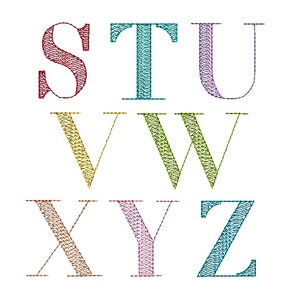 Puede incluir: Nueve letras may&uacute;sculas del alfabeto, S, T, U, V, W, X, Y y Z, se muestran en una variedad de colores. Cada letra tiene un patr&oacute;n texturizado en forma de onda dentro de su forma. Las letras est&aacute;n sobre un fondo blanco.