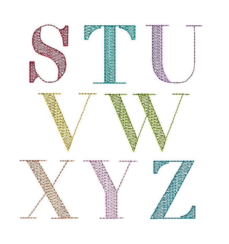 Puede incluir: Nueve letras may&uacute;sculas del alfabeto, S, T, U, V, W, X, Y y Z, se muestran en una variedad de colores. Cada letra tiene un patr&oacute;n texturizado en forma de onda dentro de su forma. Las letras est&aacute;n sobre un fondo blanco.