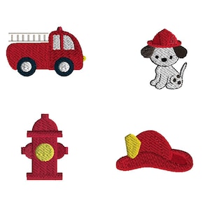 May include: Four embroidered images of firefighter themed items: a red fire truck, a dalmatian dog wearing a red firefighter hat, a red fire hydrant, and a red firefighter hat.