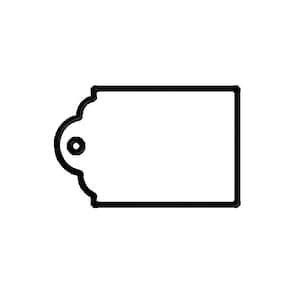 May include: A blank, white tag with a black outline. The tag has a rectangular shape with a decorative, scalloped edge on the left side and a small hole for attaching a string or ribbon.