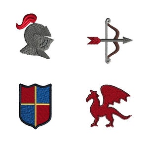 May include: Embroidered patches featuring a knight's helmet with a red plume, a bow and arrow, a shield with red, blue, and gold sections, and a red dragon. These patches are likely for apparel or crafts.