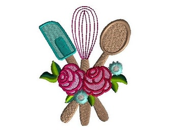 Baking Utensils Floral Machine Embroidery Design-INSTANT DOWNLOAD