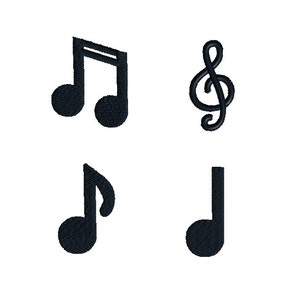 Puede incluir: Cuatro símbolos de notas musicales negras, incluyendo una clave de sol, sobre un fondo blanco.