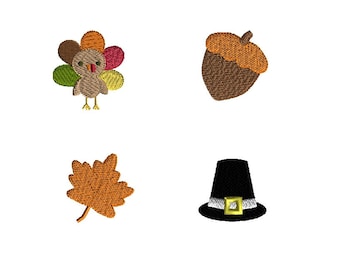 Mini Thanksgiving Machine Embroidery Designs(pilgrim hat, turkey, acorn, fall leaf)-INSTANT DOWNLOAD