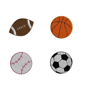 May include: Four embroidered sports balls: a brown and white football, an orange basketball, a white baseball with red stitching, and a black and white soccer ball.