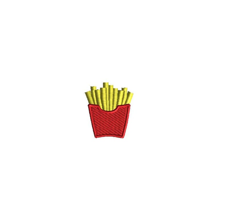 May include: An embroidered patch featuring a red container filled with yellow french fries. The design uses dense stitching to create a textured appearance for the food item and the holder, with clear outlines defining the shape of the fries.