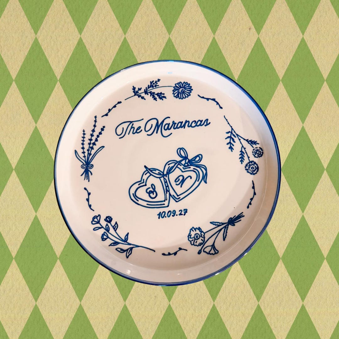 Custom Wedding Engagement Anniversary Plate, Gift for Couples, Dishwasher Safe, Microwaveable Safe - 10.1” Blue Rim Stone, Flowers