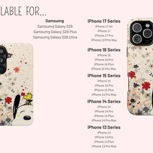 May include: Phone cases featuring a floral pattern and Snoopy and Woodstock characters. Compatible with various iPhone and Samsung Galaxy models. The image includes the text "AVAILABLE FOR..." and lists the phone models.