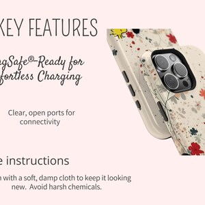 May include: A cream-coloured phone case featuring a delicate floral pattern with red, black, and grey flowers. The text reads KEY FEATURES, MagSafe-Ready for Effortless Charging, Clear, open ports for connectivity, and Care instructions.
