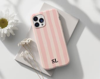 Personalized Pink Beige Striped Phone Case With Initials MagSafe Compatible Minimalist Aesthetic Gift For Her Custom Monogram Slim Cover