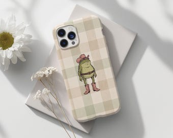 Cowboy Frog iPhone Case, Cute Western Frog Phone Case, Funny Animal Aesthetic Plaid Case, Country Style Gift for Her, Cottagecore Cover