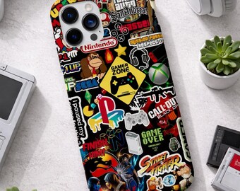 Retro Gaming Collage Phone Case, Gamer Gift For Him, Vintage Video Game Sticker Style iPhone Case, Console Art Cover, Nerd Gaming Accessory