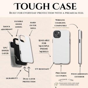 May include: White phone case with the text "TOUGH CASE" and "BUILT FOR EVERYDAY PROTECTION WITH A PREMIUM FEEL". Features include shock absorbency, dual-layer protection, and wireless charging compatibility. Available for multiple phone models.