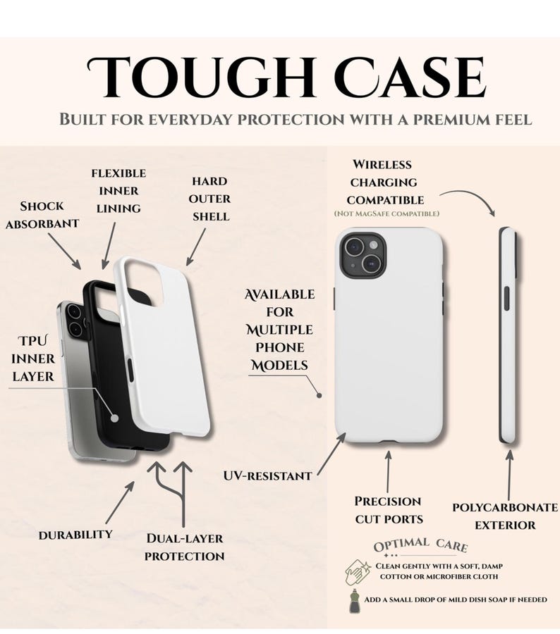 May include: White phone case with the text "TOUGH CASE" and "BUILT FOR EVERYDAY PROTECTION WITH A PREMIUM FEEL". Features include shock absorbency, dual-layer protection, and wireless charging compatibility. Available for multiple phone models.