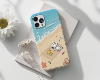 Cute Beach Dog Phone Case, Summer Coastal Aesthetic Cover, Sleeping Cartoon Puppy Design, Ocean Shore Gift for Beach Lovers