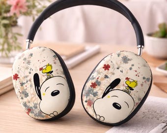 Kawaii Snoopy Headphones Cover, Cartoon Dog Headphone Skin, Floral Vintage Aesthetic Print Earphone Case, Gift For Her, Cute Tech Accessory