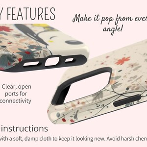 May include: Two phone cases with floral patterns and black edges are shown in close-up. The cases have clear, open ports for connectivity. The text "Make it pop from every angle!" is visible. Care instructions advise cleaning with a soft, damp cloth.