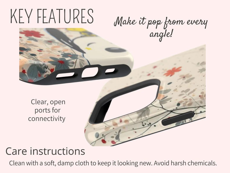 May include: Two phone cases with floral patterns and black edges are shown in close-up. The cases have clear, open ports for connectivity. The text "Make it pop from every angle!" is visible. Care instructions advise cleaning with a soft, damp cloth.