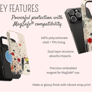 May include: A phone case featuring a floral pattern and a cartoon character. The image highlights the case's dual-layer structure for impact absorption and MagSafe compatibility. Text includes "KEY FEATURES" and "Powerful protection with MagSafe compatibility."