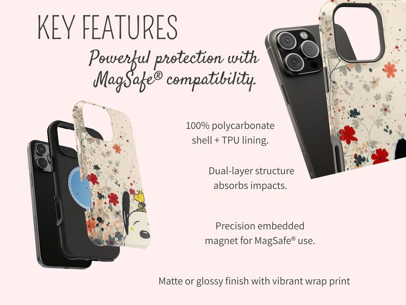 May include: A phone case featuring a floral pattern and a cartoon character. The image highlights the case's dual-layer structure for impact absorption and MagSafe compatibility. Text includes "KEY FEATURES" and "Powerful protection with MagSafe compatibility."
