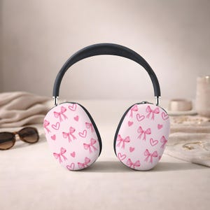 Pink Bow Headphones Cover, Coquette Aesthetic Headphone Skin, Girly Heart Pattern Earphone Case, Gift For Her, Ribbon Tech Accessory