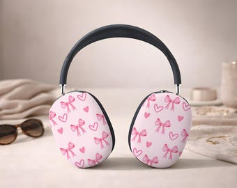 Pink Bow Headphones Cover, Coquette Aesthetic Headphone Skin, Girly Heart Pattern Earphone Case, Gift For Her, Ribbon Tech Accessory