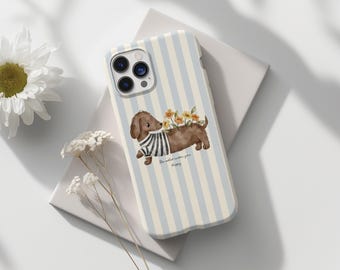 Cute Dachshund Phone Case, Sausage Dog Floral Case, Aesthetic Striped Background Cover, Dog Lover Gift, Trendy Puppy Phone Cover
